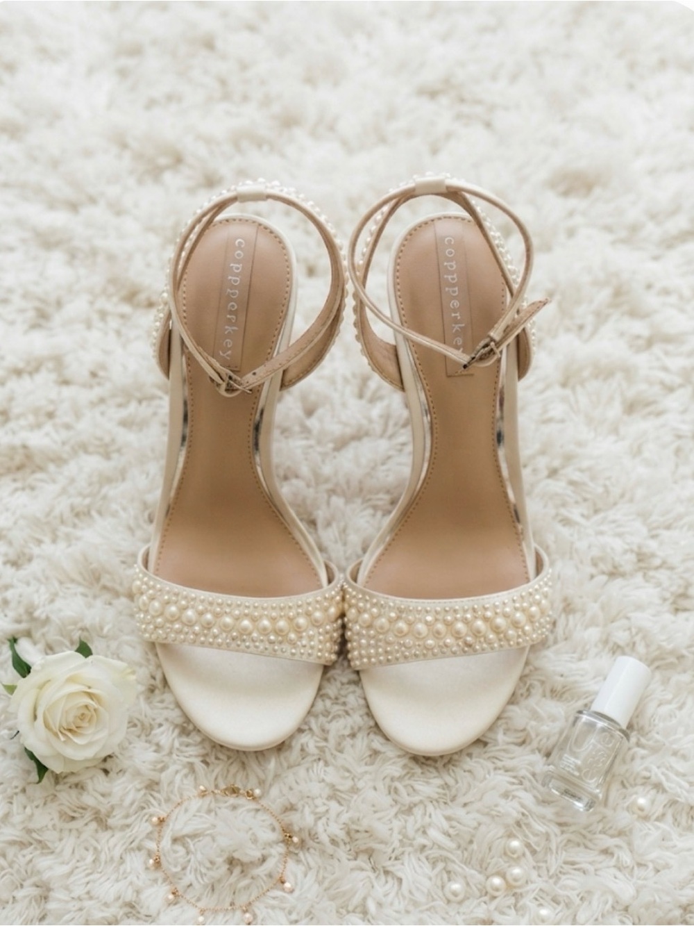 Copper Key Pearl-Trim Cream Ankle-Strap Heels